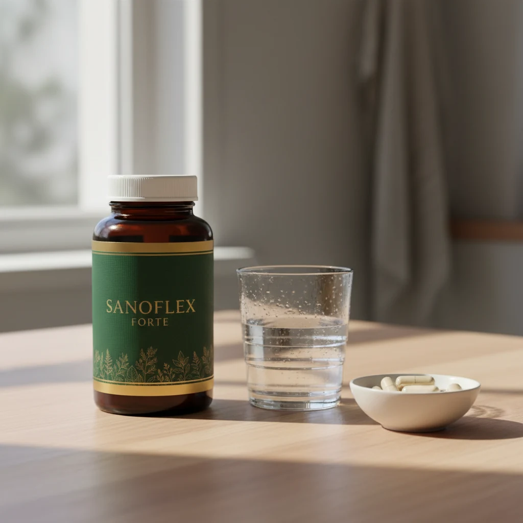 Sanoflex Forte förpackning i närbild, mörkblå med grön accent och sköldikon